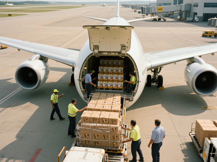 工作人員正在將狗糧從飛機(jī)上卸載下來(lái)