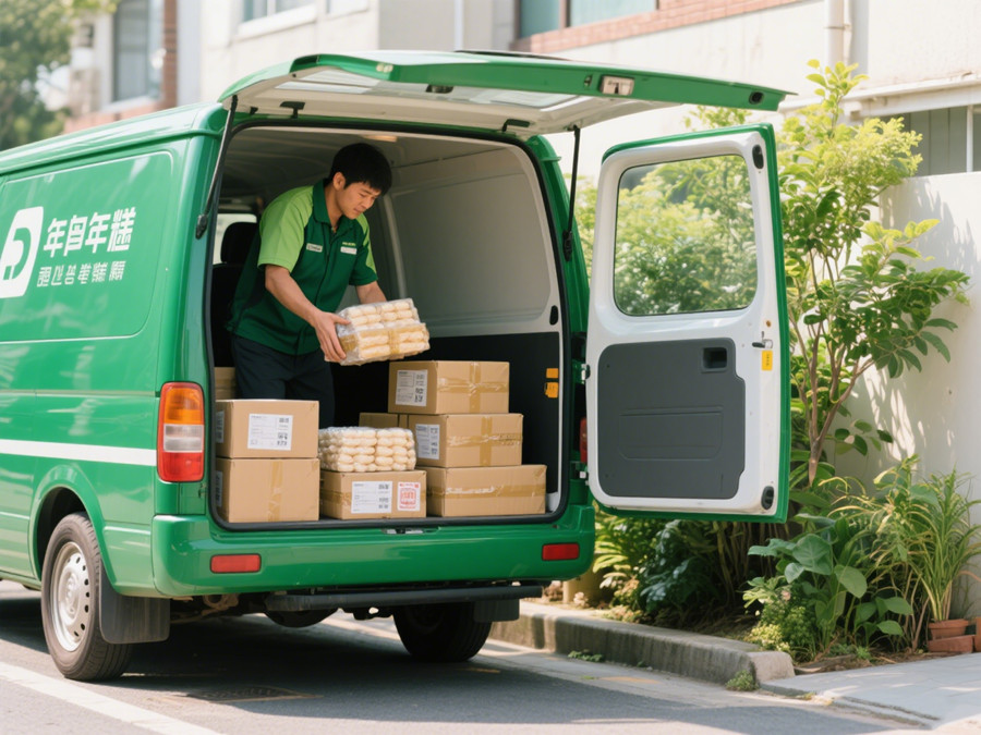 工作人員正在將年糕等貨物搬下貨車